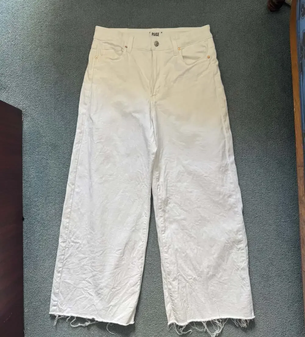 PAIGE Anessa High Rise Wide Leg Cropped Ankle Raw Hem Jeans in White 29 - Picture 6 of 9